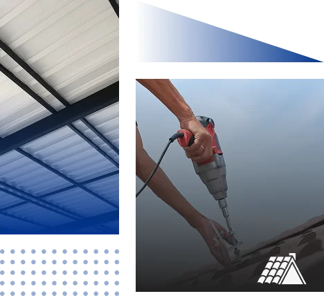 A person uses a power drill on a metal roof, representing Prime Roofing and Restoration’s expert roofing services in Georgia. Nearby are images of metal roofing panels, geometric blue and black patterns, and a white roof icon in the corner.