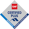 GAF Certified Plus badge featuring a red GAF logo at the top, CERTIFIED PLUS text in the center, a house roof icon, and RESIDENTIAL ROOFING CONTRACTOR on a blue ribbon—proudly representing Georgia’s Prime Roofing and Restoration services.