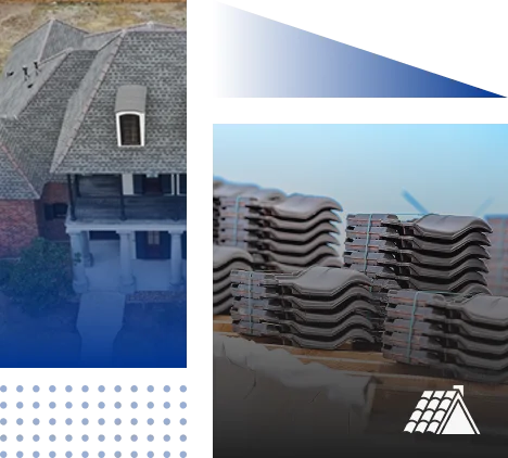 Aerial view of a house with a shingled roof on the left and stacked roofing tiles on the right, separated by a black grid design. A small white roof icon in the corner highlights Prime Roofing and Restoration's professional roofing services in Georgia.