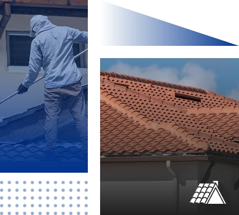A person in protective clothing paints a roof with a roller. Next to this, a close-up of a red tile roof under Georgia’s blue sky highlights Prime Roofing and Restoration’s expert roofing services, with a small white roof icon in the corner.