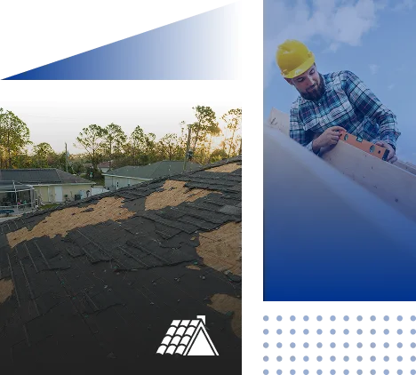 A damaged roof with missing shingles is shown on the left, while on the right, a Prime Roofing and Restoration expert in a yellow hard hat repairs a wooden structure under a blue Georgia sky.