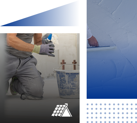 A person in work clothes and gloves kneels beside a paint bucket while holding a tool; another hand smooths plaster on a wall. Geometric blue and white design elements frame the image, highlighting Prime Roofing and Restoration’s expert services in Georgia.