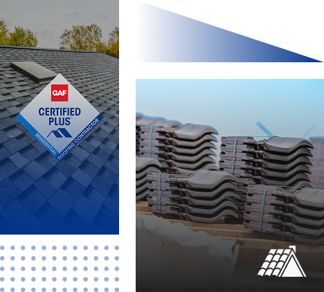 A roof with dark shingles and a skylight is shown on the left with a GAF Certified Plus Residential Roofing Contractor badge. On the right, stacked roofing tiles are arranged in neat piles, highlighting Prime Roofing and Restoration's expert roofing services in Georgia.