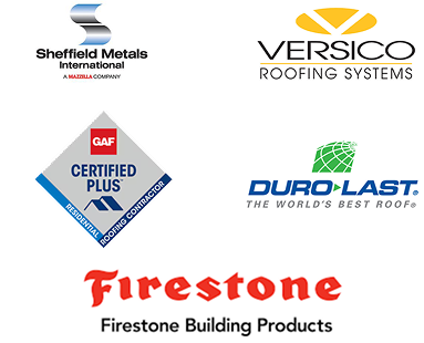 Logos of leading roofing product companies—Sheffield Metals International, Versico Roofing Systems, GAF Certified Plus, Duro-Last, and Firestone Building Products—featured on a white background by Prime Roofing and Restoration, your trusted Georgia roofing services expert.