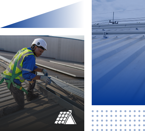 A construction worker wearing a helmet and safety vest installs metal panels on a sloped rooftop, representing Prime Roofing and Restoration's expert roofing services in Georgia. Geometric blue graphics and a rooftop icon accent the image.