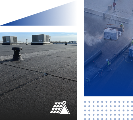 A flat commercial rooftop in Georgia with vents and HVAC units, where workers from Prime Roofing and Restoration in safety gear use a crane to lift materials during a roofing project. Graphic overlays and a roofing icon are included.