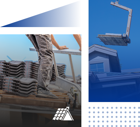 A worker stands near stacked roof tiles on a Georgia construction site, while a crane lifts materials onto a house rooftop under a clear blue sky—another day of expert Roofing Services by Prime Roofing and Restoration.