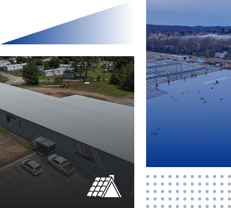 A collage featuring an aerial view of a building with a white roof and parked cars, a construction site with workers on a large roof, and graphic blue and white design elements showcases Prime Roofing and Restoration’s expert roofing services in Georgia.