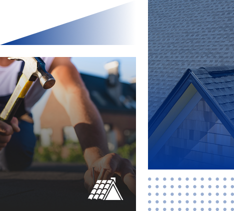 A person uses a hammer while working on a roof in Georgia. Next to this, there is a close-up of a house roof with blue shingles. A small roof icon is at the bottom, showcasing Prime Roofing and Restoration’s expert roofing services.