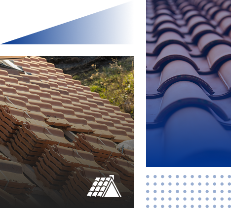 Close-up images of reddish-brown roof tiles in Georgia; one shows tiles stacked on a sloped roof, while the other highlights the curved pattern. Geometric shapes and a Prime Roofing and Restoration icon overlay the design.