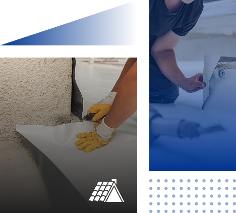 A person wearing yellow gloves installs a white waterproof membrane on a building surface, with partial geometric graphics, a roofing icon overlay, and Prime Roofing and Restoration showcasing expert roofing services in Georgia.