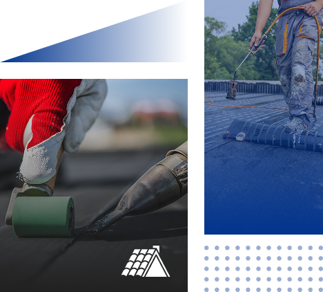 Two images show workers installing roofing material—one with a roller and gloved hands, the other with a torch. Both highlight key Roofing Services and tools, with a roof icon and blue design elements reflecting Prime Roofing and Restoration in Georgia.