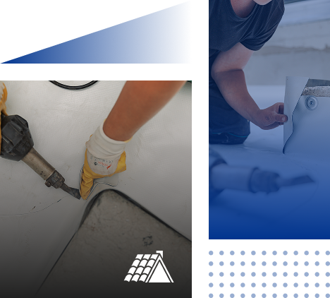 A person wearing gloves uses a hot air gun to seal a white roofing membrane, while another smooths it; an illustrated roof icon and the Prime Roofing and Restoration logo highlight Georgia Roofing Services at the bottom.